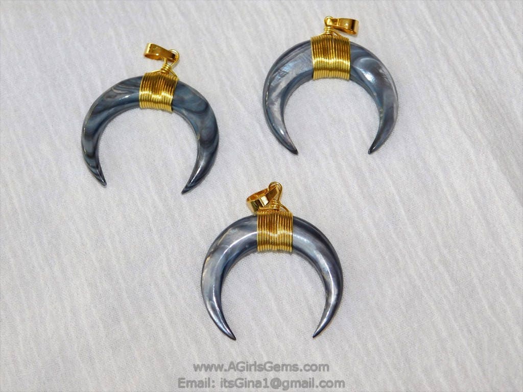Crescent Moon Charms, Crescent Moon Charm - Medium Gray Natural Shell Pendants, 40 mm Gold Wire Wrapped Boho Pendants