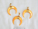 Double Horn Pendant, Crescent Moon Charms, Yellow Shell Medium Pendant/40 mm Gold Wire - Boho Tribal Pendant DIY Jewelry Supplies