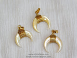 Crescent Moon Charms, Soft Yellow Natural Shell Mini Double Horn Charms #940, 20 mm Gold Wire Horn Boho Pendant DIY Jewelry