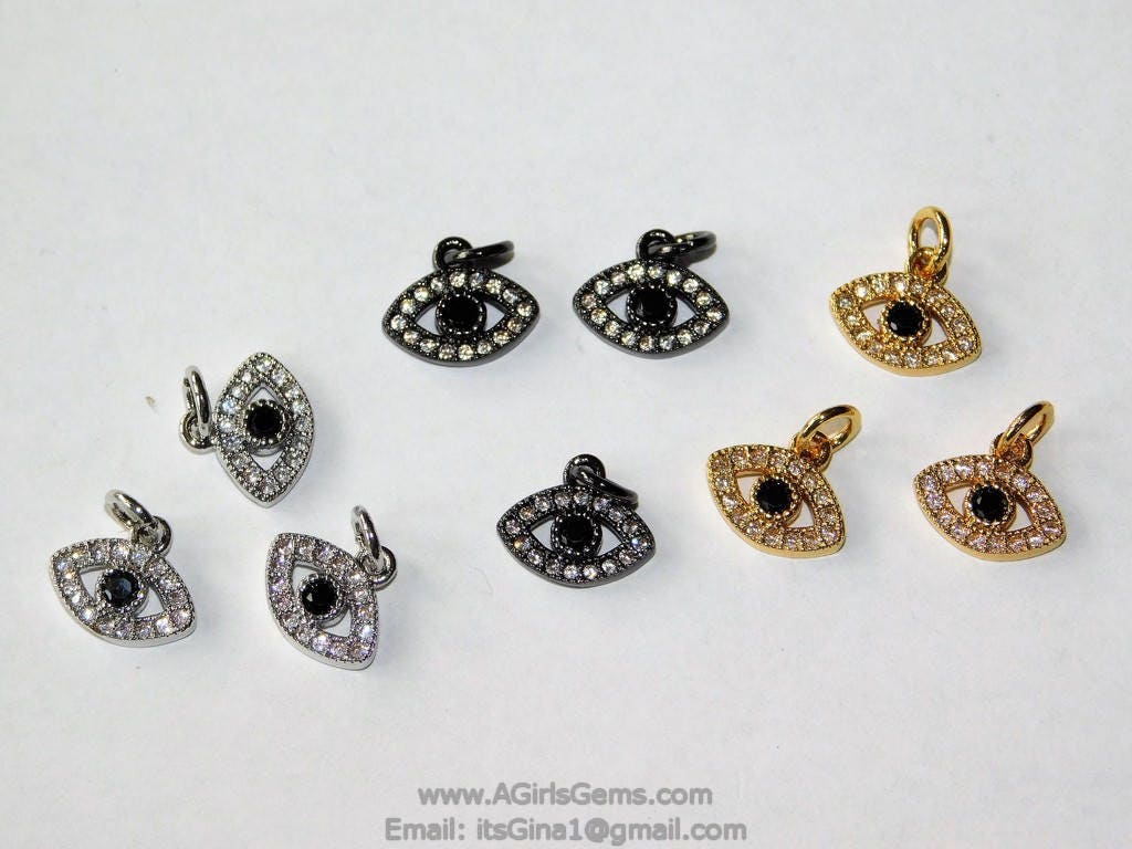 Tiny Evil Eye Charm, CZ Black Pave 9 x 11 mm Evil Eye Charms #97, Silver CZ Spinel Eye