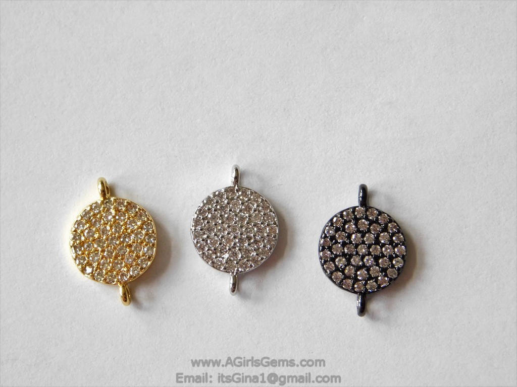 CZ Micro Pave Round Disc Pendant, 18 k Gold 10 mm Connectors Circle, Silver Clear Cubic Zirconia Earring Components