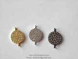 CZ Micro Pave Round Disc Pendant, 18 k Gold 10 mm Connectors Circle, Silver Clear Cubic Zirconia Earring Components