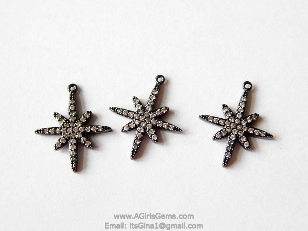 Black Star Charm, CZ Micro Pave Pendants, Dainty Small Starburst Black Rhodium Plated Cubic Zirconia Star Charms