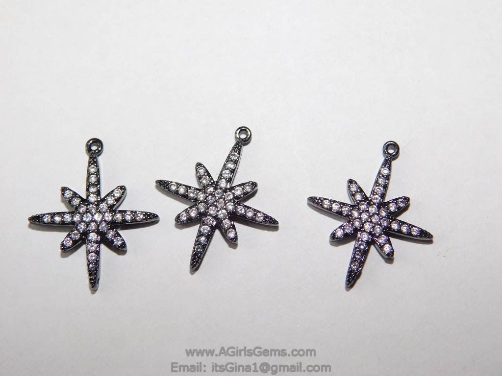 Black Star Charm, CZ Micro Pave Pendants, Dainty Small Starburst Black Rhodium Plated Cubic Zirconia Star Charms