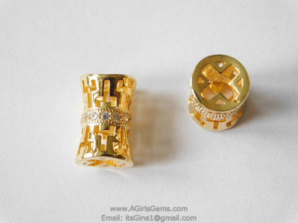 CZ Pave Barrel Tube Cross Aztec Bead, Cubic Zirconia Gold Plated Focal Bead Spacers for Bracelets