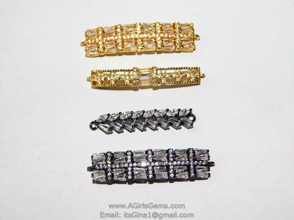 CZ Micro Pave Long Bar Connectors, Dainty Gold Plated Bracelet Links, Baguettes