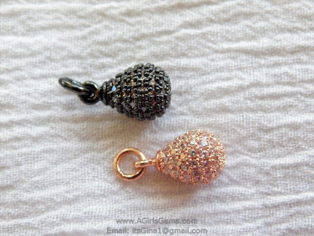 Oval Egg Charm Pendants, CZ Micro Pave Gunmetal Black Rhodium Plated CZ Drop Dangle Charms Beads, 8 x 13 mm Teardrop Charm Dangles