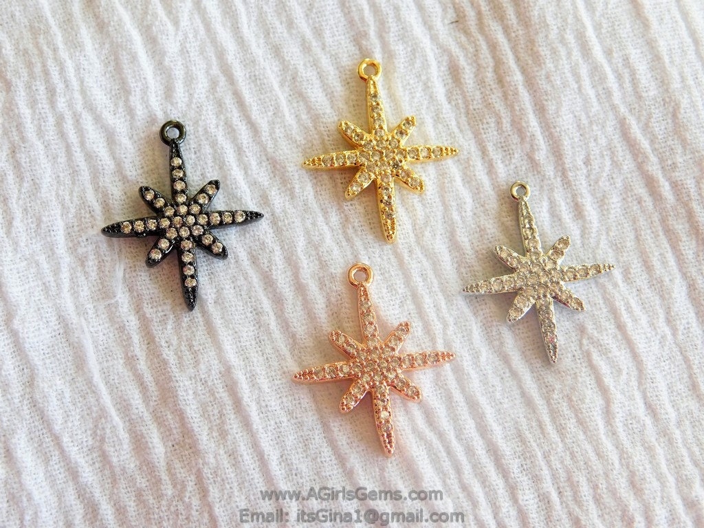 Gold Star Charms, CZ Micro Pave, Small Silver Dainty Starburst Charms #42