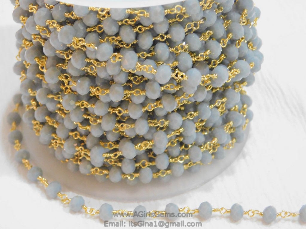Slate Grey Beaded Rosary Chain, 6 mm Rondelle Crystal Gold Wire Wrapped CH #514, Unfinished Boho Jewelry Chain