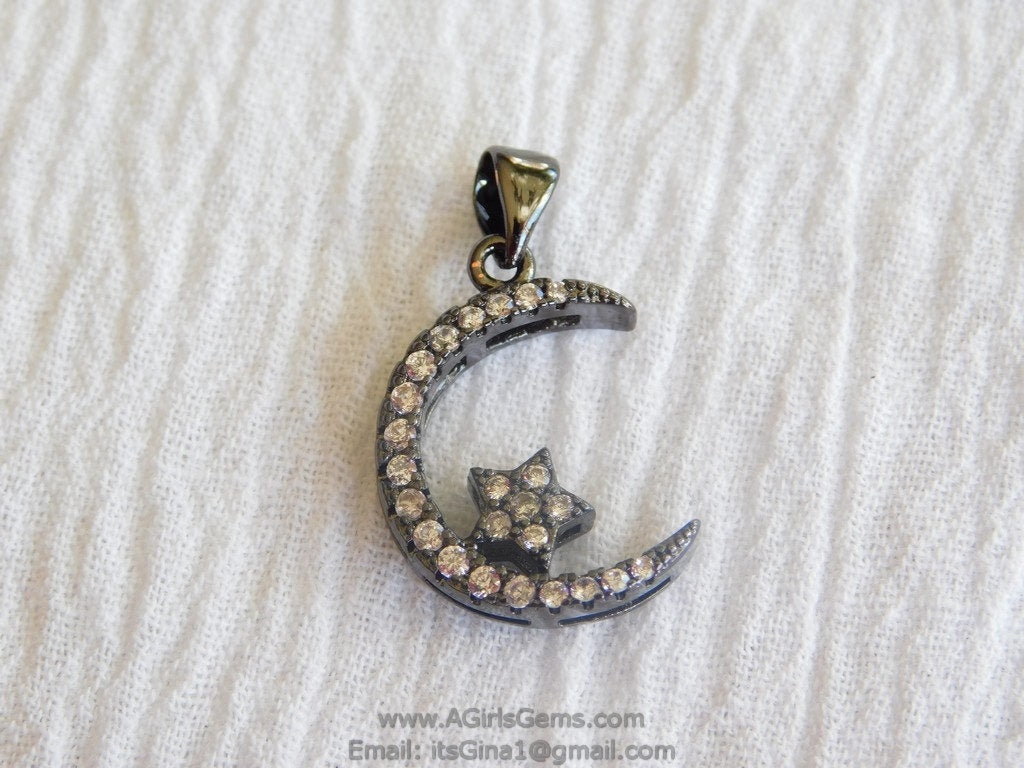 CZ Pave Moon Star, Pendant Connector #27, Bead Gunmetal Black Plated Cubic Zirconia Star Pendant Bracelet Necklace