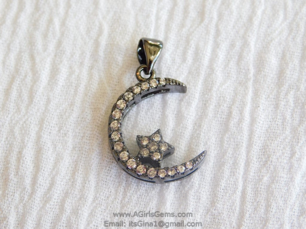 CZ Pave Moon Star, Pendant Connector #27, Bead Gunmetal Black Plated Cubic Zirconia Star Pendant Bracelet Necklace