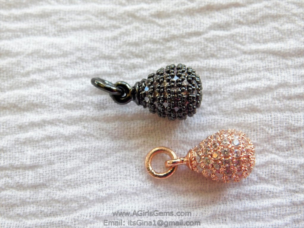 Oval Egg Charm Pendants, CZ Micro Pave Gunmetal Black Rhodium Plated CZ Drop Dangle Charms Beads, 8 x 13 mm Teardrop Charm Dangles