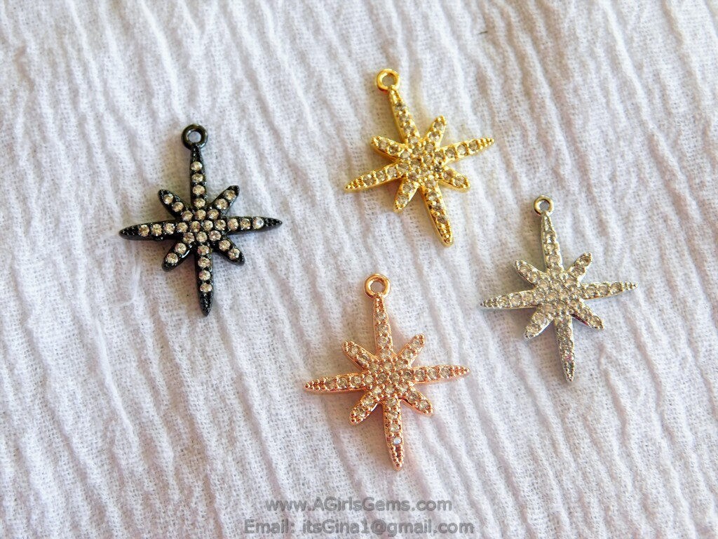 Gold Star Charms, CZ Micro Pave, Small Silver Dainty Starburst Charms #42