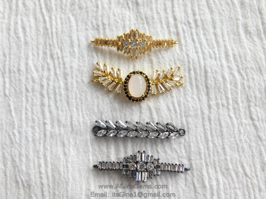 CZ Micro Pave Curved Bar Connectors, Diamond Shaped Bracelet and Necklace Links, Long Bar with Cross in Gold or Black