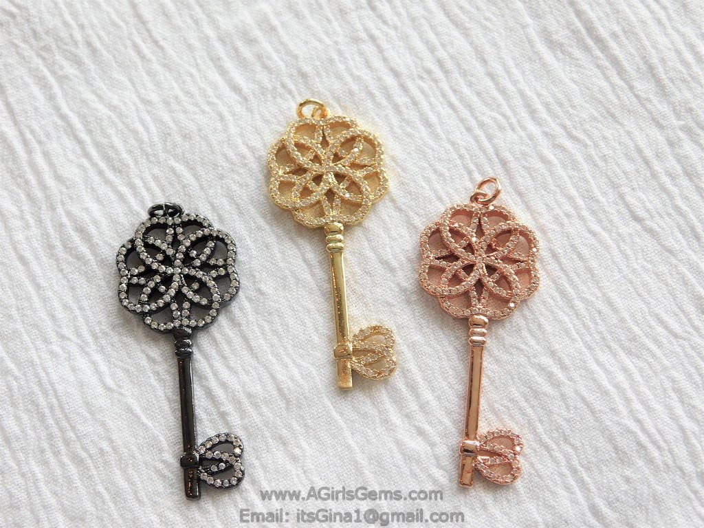 CZ Pave Key Rose Gold Gunmetal Black Plated Cubic Zirconia Key Bead Pendant Charm Dangle Pendant for Bracelet Necklace