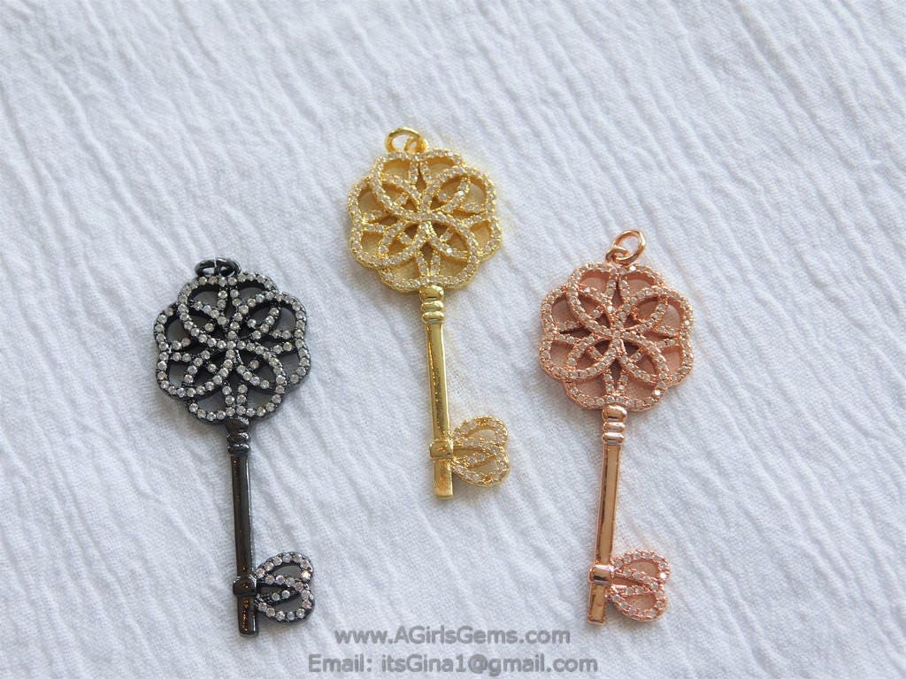 CZ Pave Key Rose Gold Gunmetal Black Plated Cubic Zirconia Key Bead Pendant Charm Dangle Pendant for Bracelet Necklace
