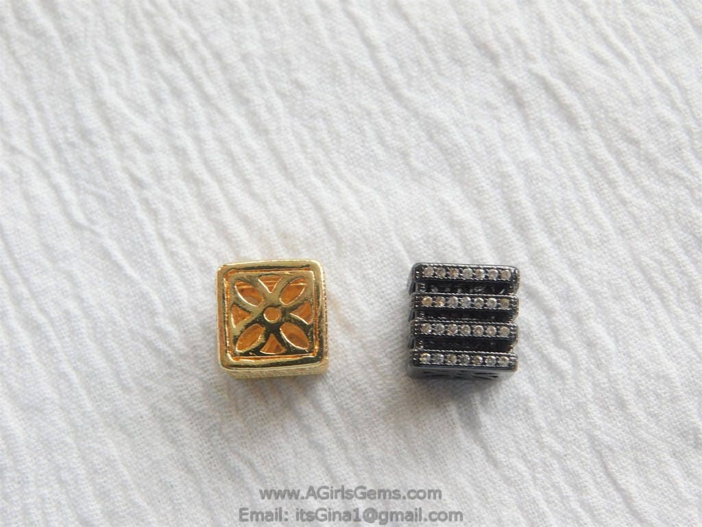CZ Micro Pave Bead Cube Beads, 10 mm Square Beads Cubic Zirconia in Gunmetal Black Plated or Gold, Clear CZ