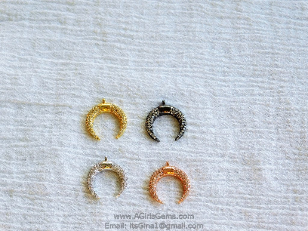 Crescent Moon Charms, CZ Micro Pave Small Double Horn Cz Charm 17 x 19 mm, Gold