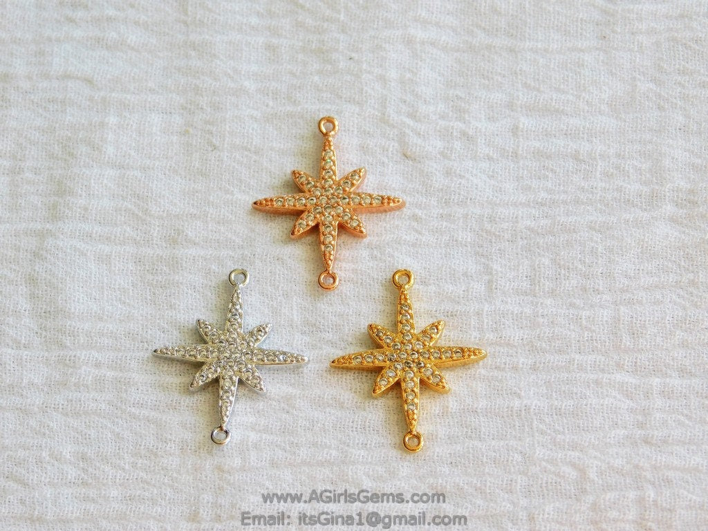 Starburst Connector Charm, Rose Gold CZ Pave Star Bracelet Link, North Star Connector