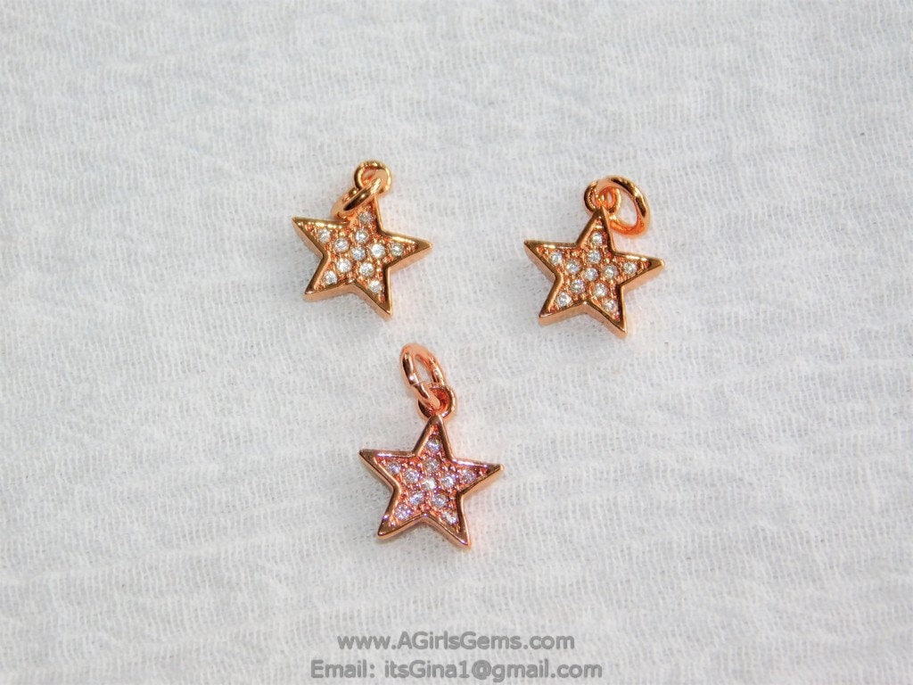 CZ Micro Pave Star Charms, Mini Star Dangles, Cubic Zirconia Earring Parts in *Gold/Black/Silver/Rose Gold* Plated Small Mini Stars