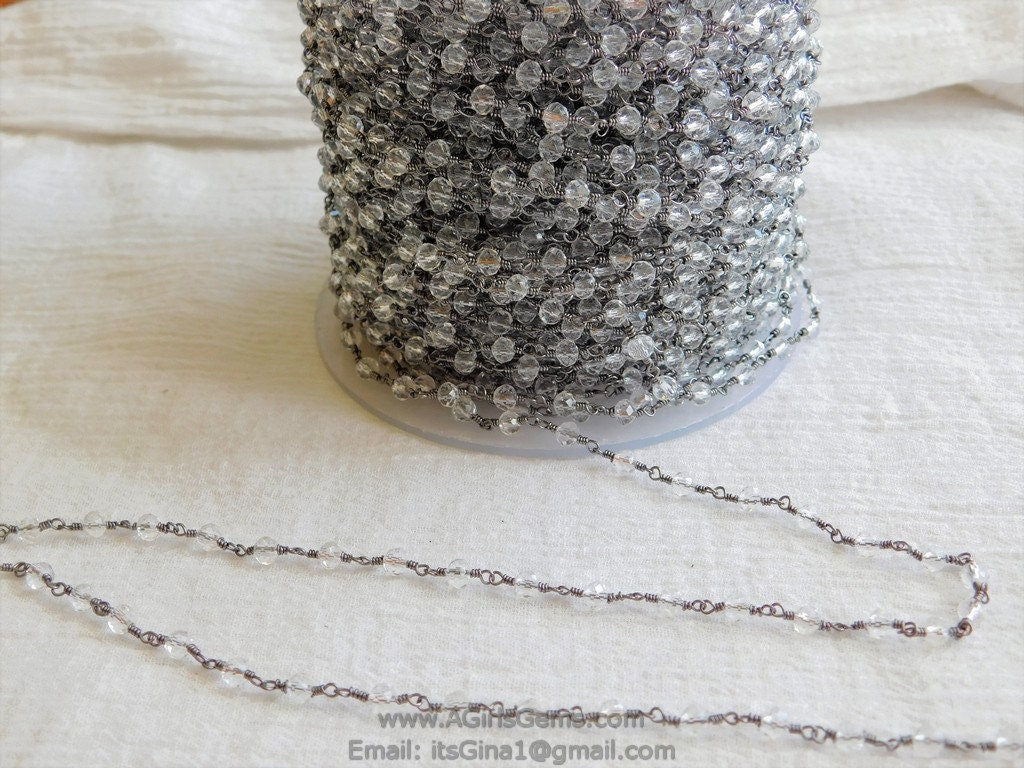 Clear Crystal Rosary Chain, Gunmetal Black Faceted CH #324, 4 or 6 mm Beaded Chains