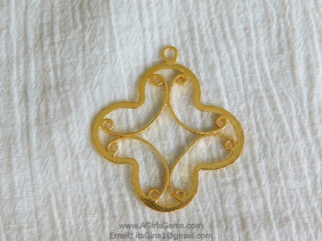 Large Quatrefoil Charm, Brushed Gold Soldered Filigree Clover #668, Earrings or Necklace Pendants 36 x 40 mm