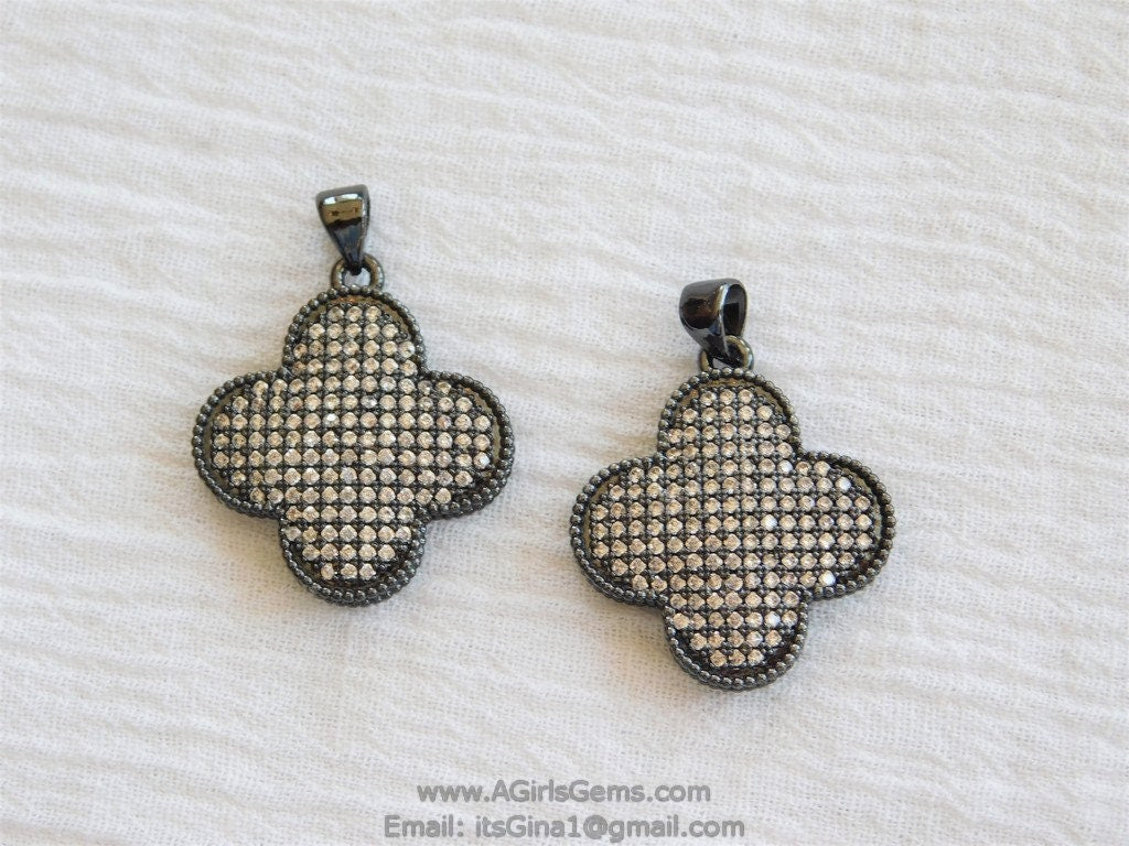 CZ Micro Pave Clover Charms, Gunmetal Black Plated Quatrefoil Pendant for Necklaces Bracelets Earring Findings, Cubic Zirconia Cross Shape