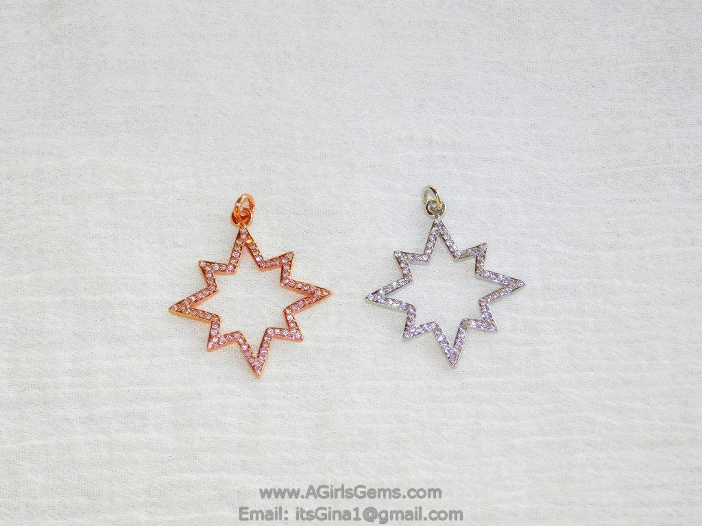 CZ Micro Pave Star Charms, CZ Starburst Pendants, Star Cubic Zirconia Stars in Gold #204