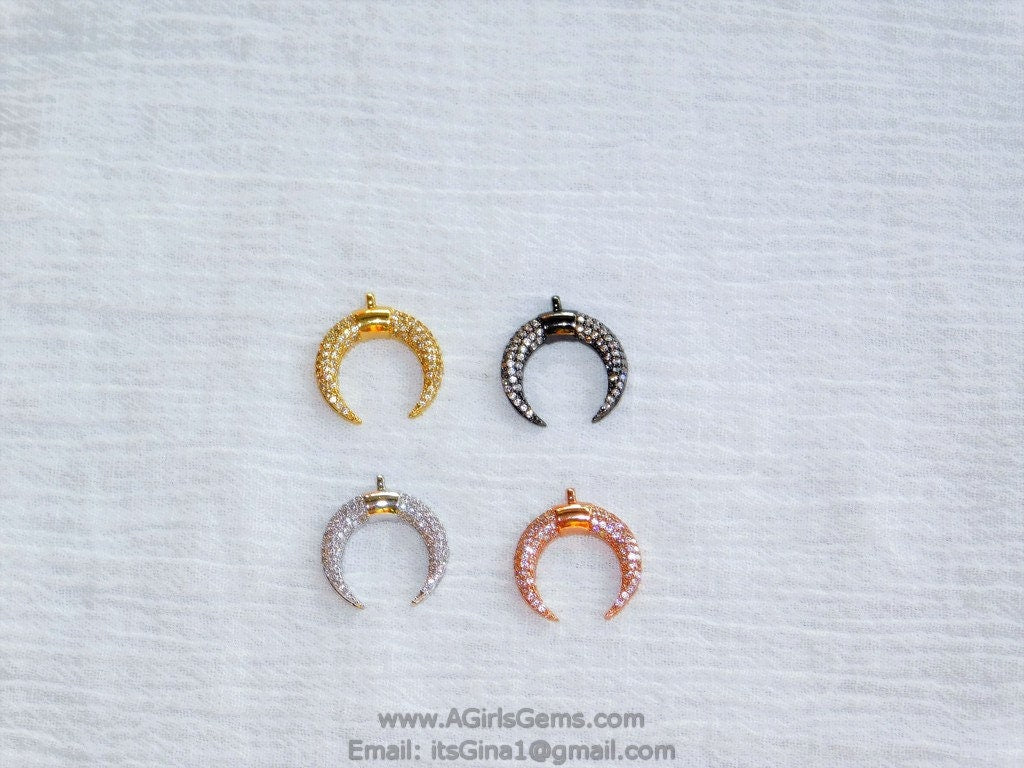 Crescent Moon Charms, CZ Micro Pave Small Double Horn Cz Charm 17 x 19 mm, Gold