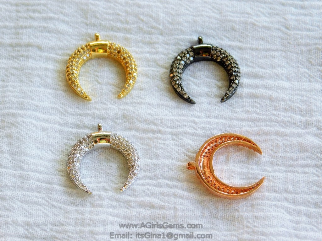 Crescent Moon Charms, CZ Micro Pave Small Double Horn Cz Charm 17 x 19 mm, Gold