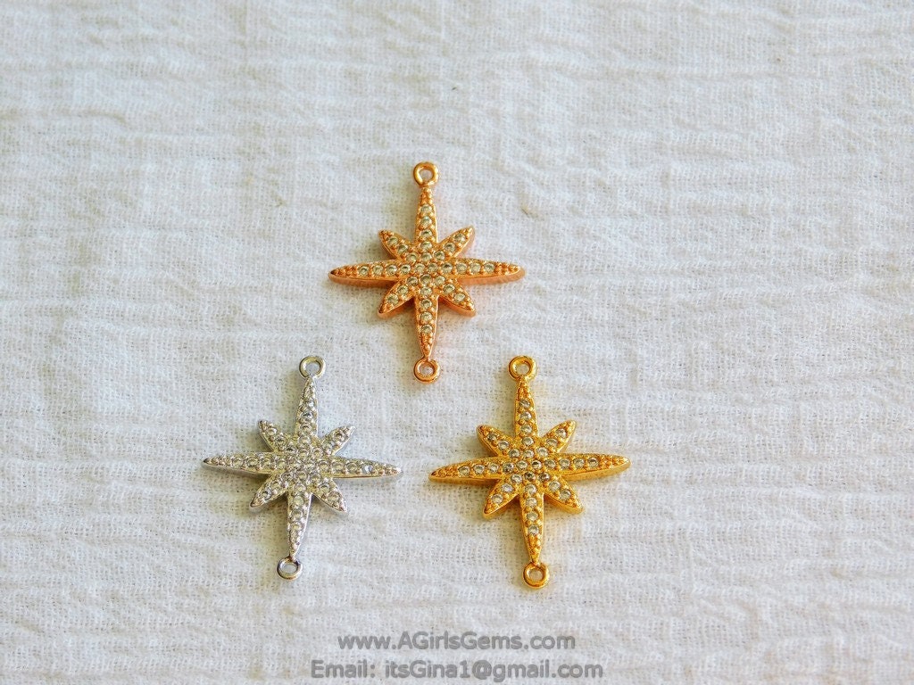 Starburst Connector Charm, Rose Gold CZ Pave Star Bracelet Link, North Star Connector
