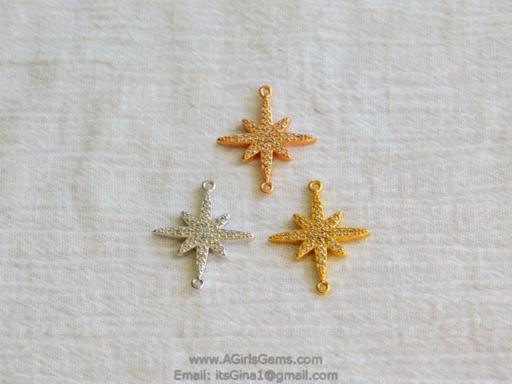 Starburst Connector Charm, Rose Gold CZ Pave Star Bracelet Link, North Star Connector