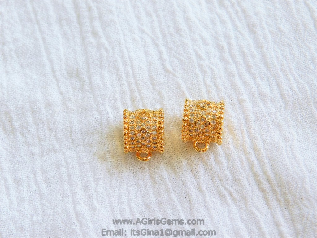 CZ Micro Pave Bail Bead, Gold or Silver Round Connector Tube Charm Pendant Holders #133, Clover Big Large Hole with Loop