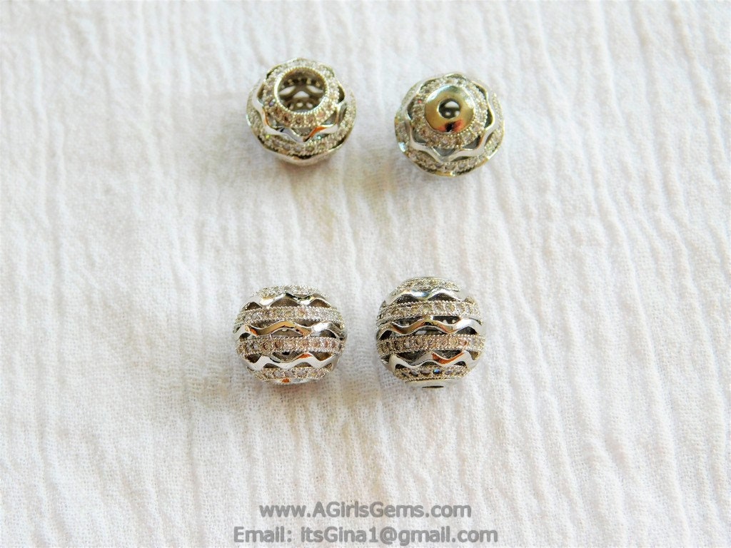 CZ Paved Silver Beads, Large or Small Hole 11 mm Gold Filigree Round Beads #240, Rose Cubic Zirconia Paved CZ Focal Beads