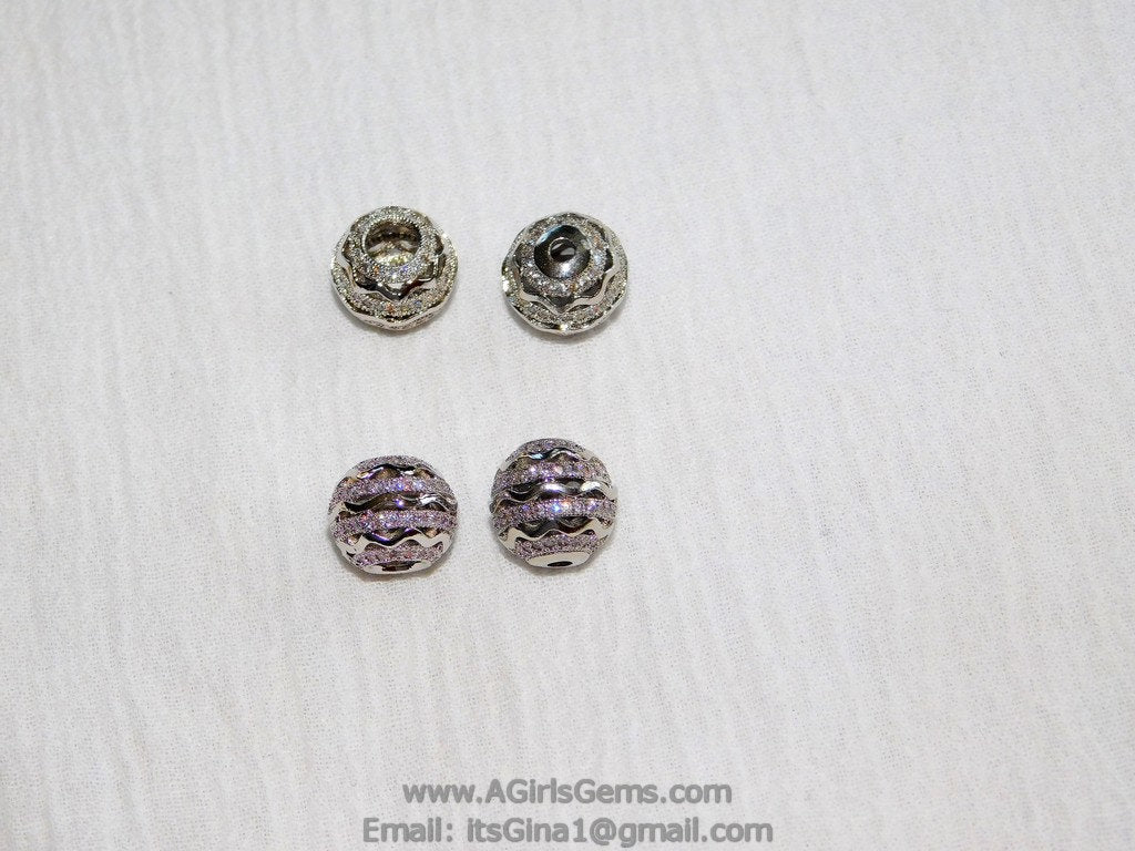CZ Paved Silver Beads, Large or Small Hole 11 mm Gold Filigree Round Beads #240, Rose Cubic Zirconia Paved CZ Focal Beads