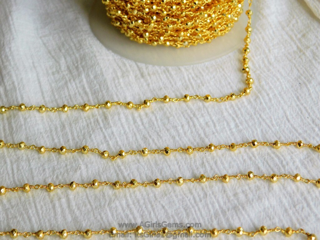 Gold Pyrite Rosary Chain, Religious Chain for Fashion Jewelry CH #505, 4 mm Faceted Natural Pyrite Rosary Beads Gold Rosary Chain