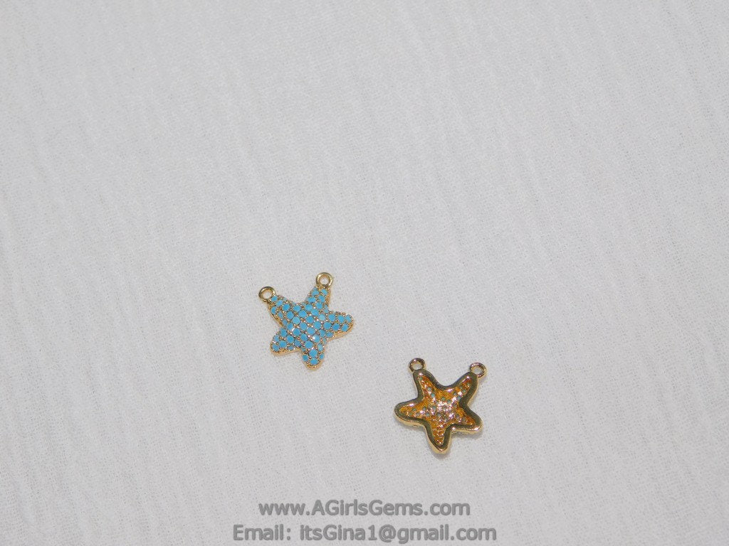 Mini Starfish Pendant Connectors, Blue Turquoise CZ Micro Pave Gold Star Double Loop Charms, Nautical Ocean Charms for Bracelet Necklace