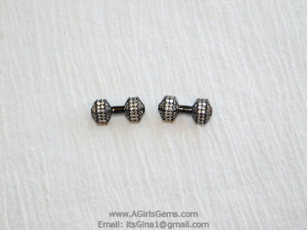 CZ Barbell Charm Holder Bead, CZ Micro Pave Connectors, Black Rhodium Plated Dumb Bell
