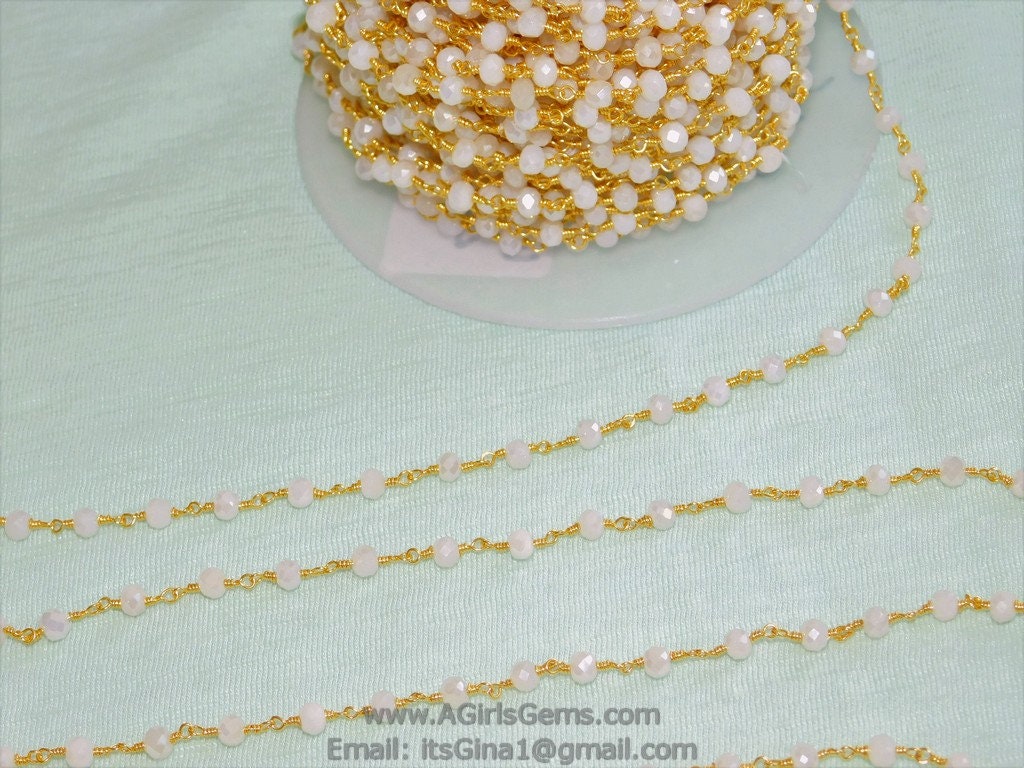 White Rosary Chain, Silver Plated White Chalcedony AB Mystic CH #432, 4 mm Wire Wrapped