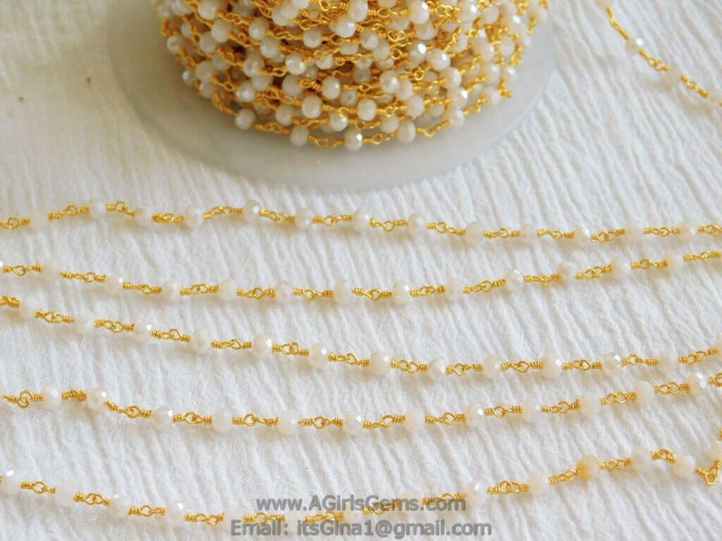 White Chalcedony Rosary Chain, 4 mm Gold Wire Wrapped Chains CH #311, Beaded Rosary