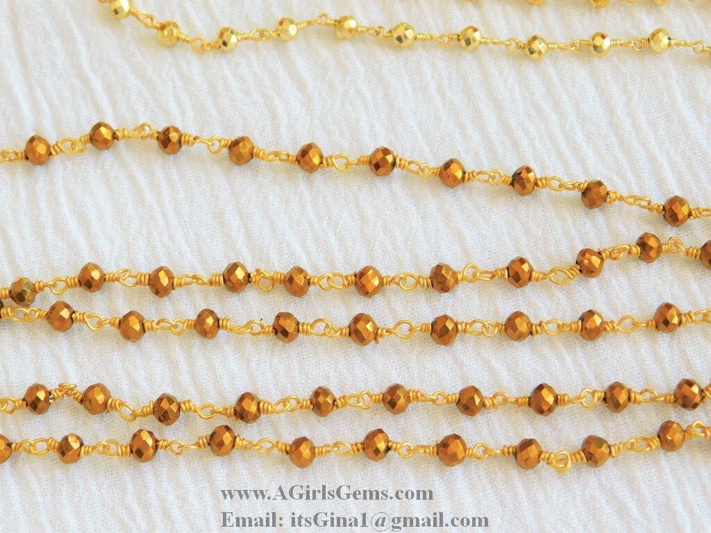 Pyrite Rosary Chain, 4 mm Natural Faceted Antique Gold Pyrite Bead CH #510, Quality Wire Wrapped Chains