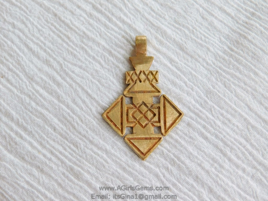 Ethiopian Cross Pendant, Gold Brass Coptic Cross 30 x 47 mm, African Cross for Necklaces