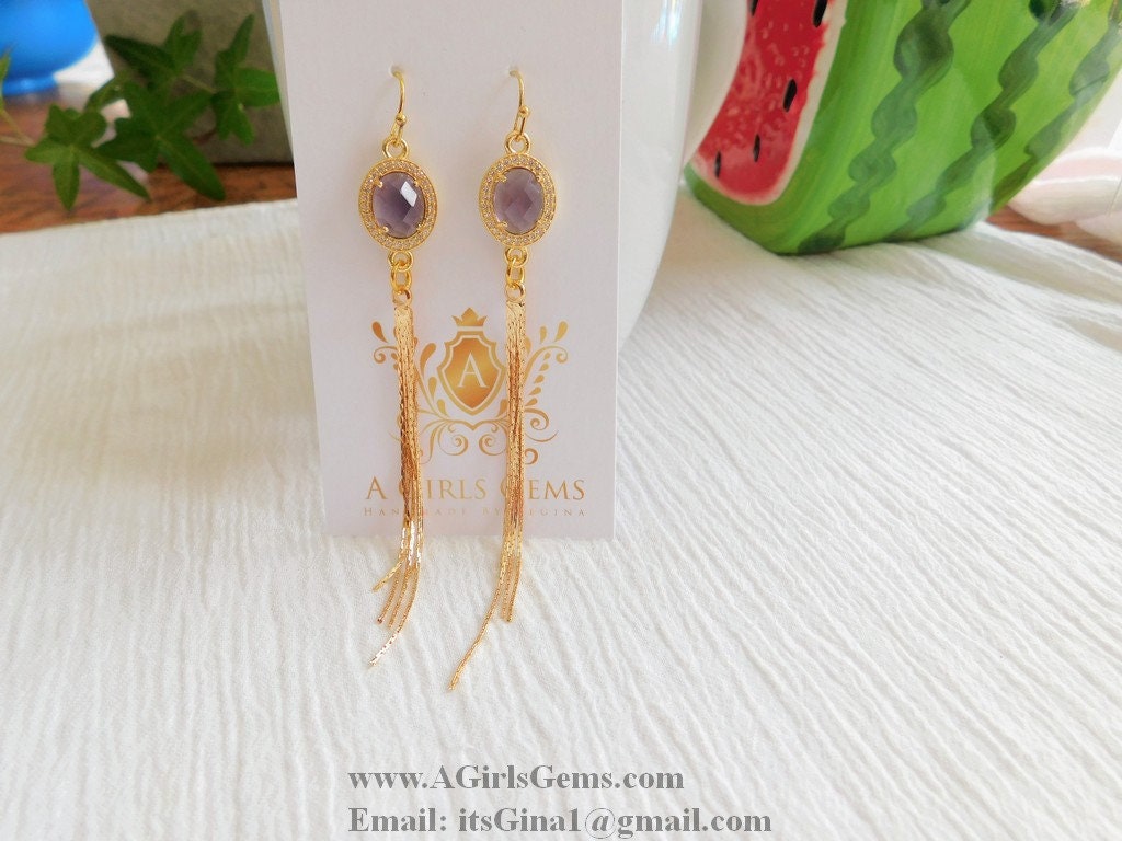CZ Amethyst Gold Tassel Dangle Earrings CZ March Birthstone Teardrop Earrings Gold Plated Tassel Earrings