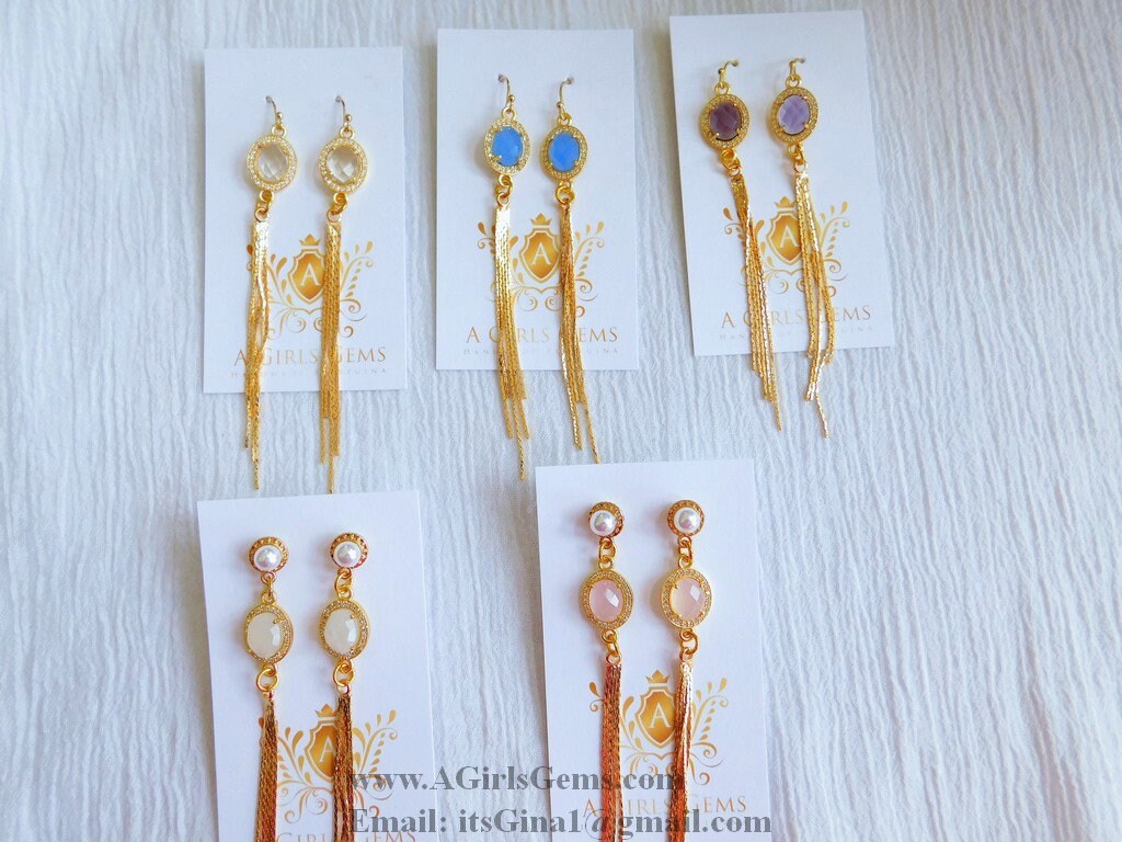 CZ Amethyst Gold Tassel Dangle Earrings CZ March Birthstone Teardrop Earrings Gold Plated Tassel Earrings