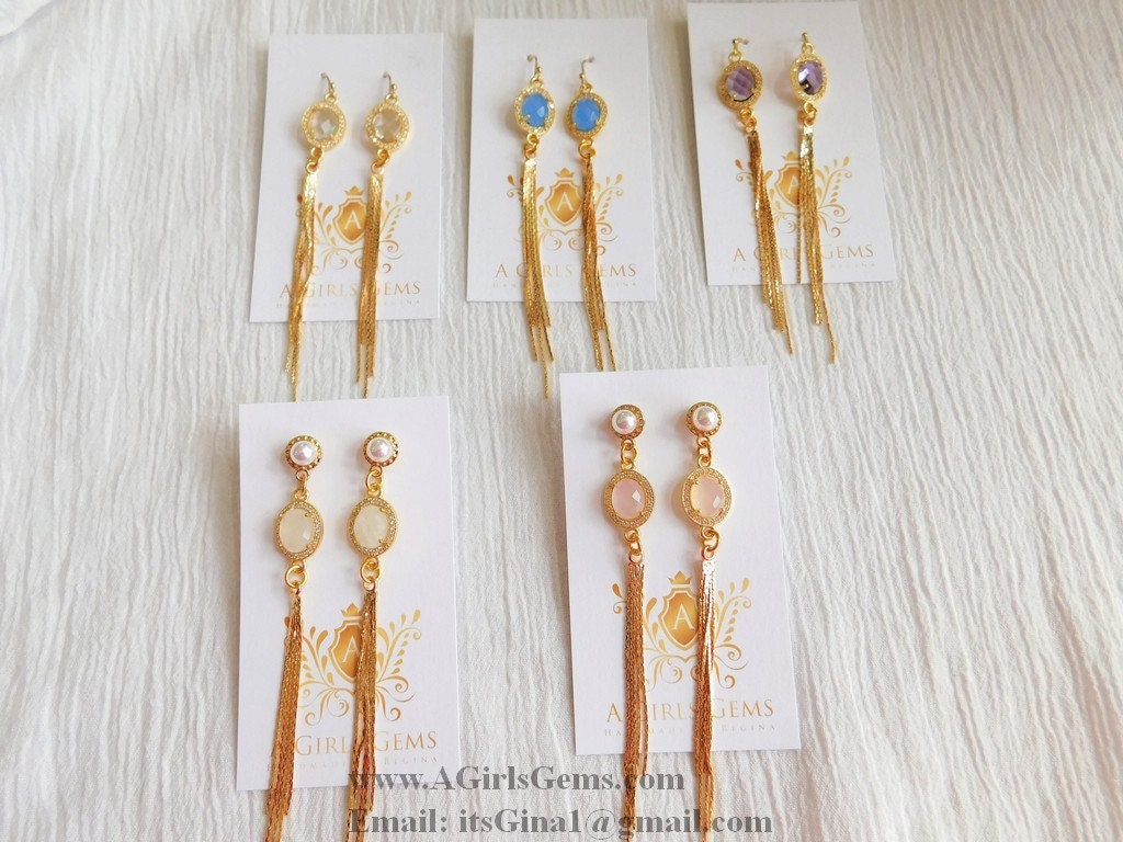 CZ Amethyst Gold Tassel Dangle Earrings CZ March Birthstone Teardrop Earrings Gold Plated Tassel Earrings