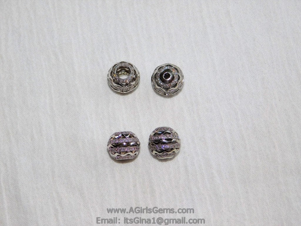 CZ Paved Silver Beads, Large or Small Hole 11 mm Gold Filigree Round Beads #240, Rose Cubic Zirconia Paved CZ Focal Beads