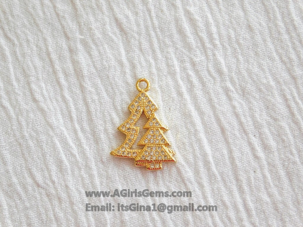 CZ Micro Pave Christmas Tree Charms, Gold Double Christmas Tree Pendants for Bracelet Necklace Jewelry Making