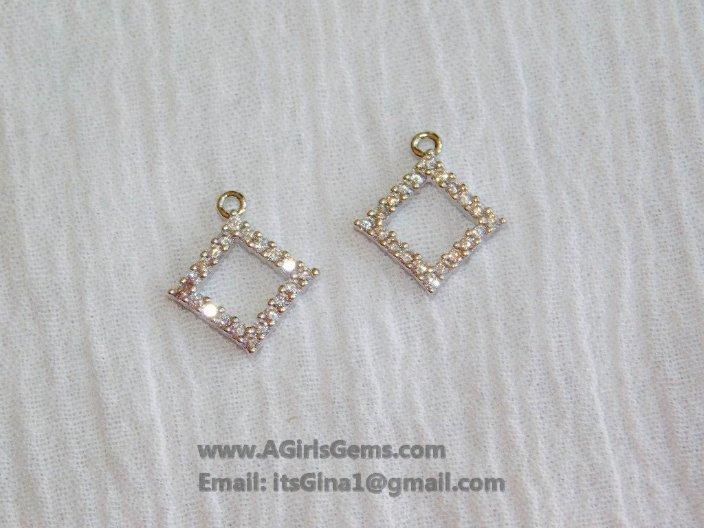 Black CZ Pave Diamond Shape Charm, Rose Gold Hollow Bezel #261, Silver Charm Dangles