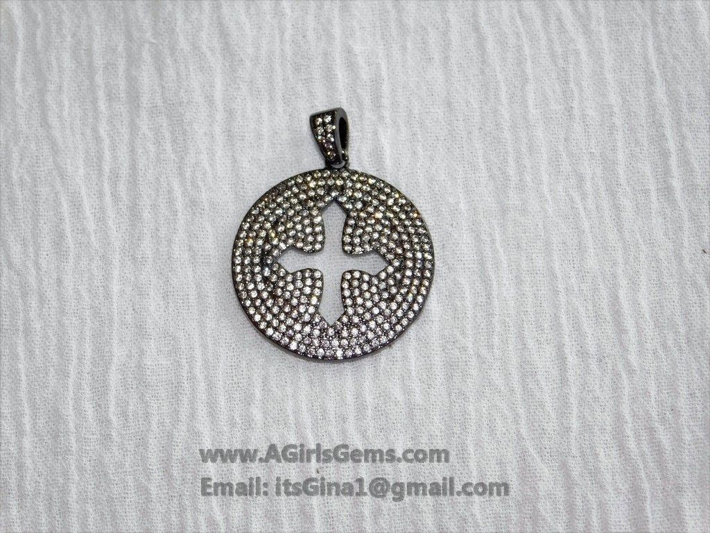 Round Disc Cross Pendant, CZ Micro Pave Cross 18 k Gold/Silver/Black Rhodium Plated Beads Cubic Zirconia Paved Holy Cross for Jewelry Making