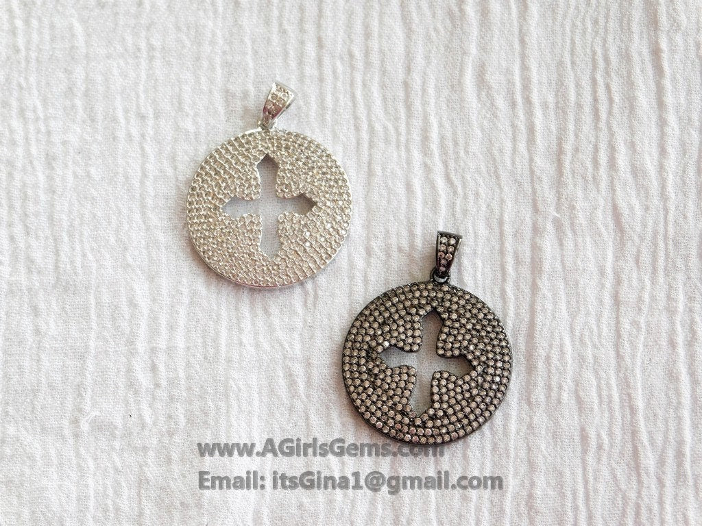 Round Disc Cross Pendant, CZ Micro Pave Cross 18 k Gold/Silver/Black Rhodium Plated Beads Cubic Zirconia Paved Holy Cross for Jewelry Making